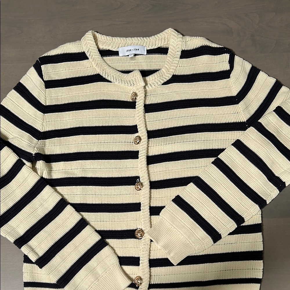 John + Jenn Cream and Navy Striped Cardigan Sweater